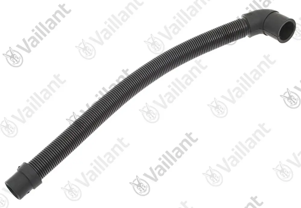 Schwarzer flexibler Schlauch von Vaillant mit gewellter Oberfläche und einer gebogenen Endstückaufnahme.